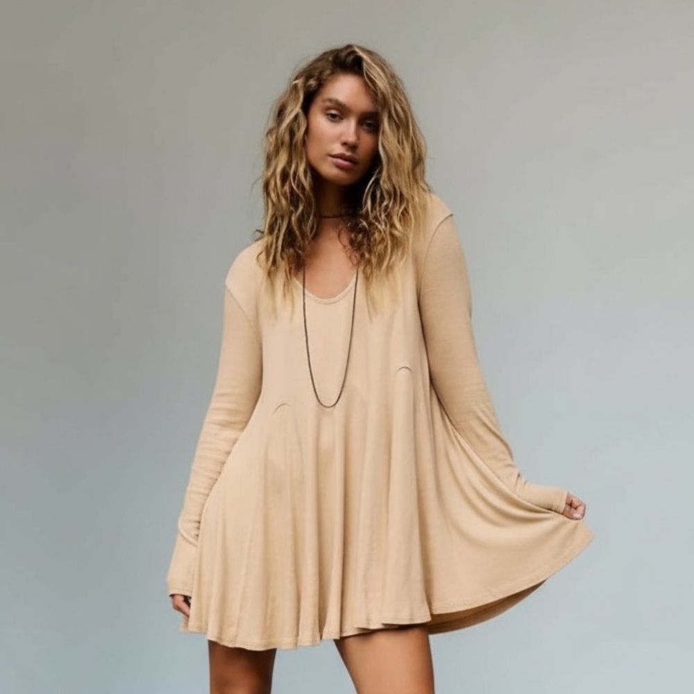 FP Beach Textured Swing Long Sleeve Mini Tunic Dress in Latte Tan Size XS